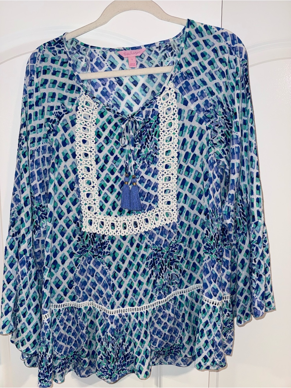 Lilly Pulitzer Blue & Teal Patterned Women's Peasant Top with Tassel Tie